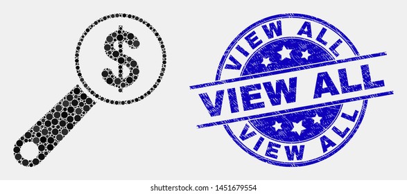 Dotted financial audit mosaic icon and View All seal stamp. Blue vector rounded scratched seal stamp with View All caption. Vector combination in flat style.