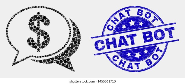 Dotted financial chat messages mosaic icon and Chat Bot seal stamp. Blue vector round distress seal stamp with Chat Bot message. Vector collage in flat style.