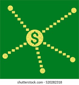Dotted Financial Links grainy textured icon for overlay watermark stamps. Flat symbol with dust texture. Dotted vector yellow ink rubber seal stamp with grunge design on a green background.
