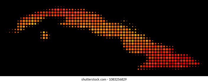 Dotted fire Cuba map. Vector territory map in fire color shades on a black background. Halftone mosaic of Cuba map designed of round spots.