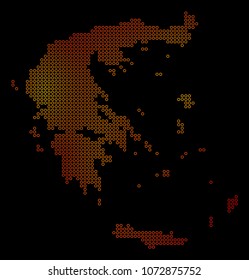 Dotted fire Greece Map. Vector territorial map in fire color tones on a black background. Vector pattern of Greece Map created of contour circles.