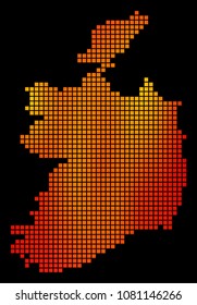 Dotted fire Ireland Republic Map. Vector geographical map in fire color tints on a black background. Vector concept of Ireland Republic Map combined of square elements.
