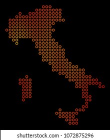 Dotted fire Italy Map. Vector territory map in fire color shades on a black background. Vector composition of Italy Map organized of circle spots.