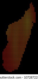 Dotted fire Madagascar Island Map. Vector geographic map in fire color shades on a black background. Vector collage of Madagascar Island Map made of small circles.