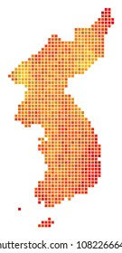 Dotted fire North And South Korea Map. Vector territory map in bright orange color shades on a white background. Vector concept of North And South Korea Map constructed of square elements.
