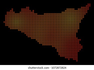 Dotted fire Sicilia Map. Vector geographic map in orange color tinges on a black background. Vector pattern of Sicilia Map composed of empty spheres.