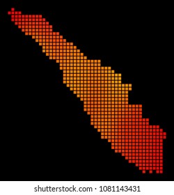 Dotted fire Sumatra Island Map. Vector geographical map in fire color variations on a black background. Vector collage of Sumatra Island Map designed of square spots.