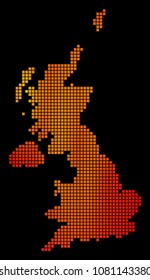Dotted fire United Kingdom Map. Vector territory map in bright orange color hues on a black background. Vector composition of United Kingdom Map designed of square points.