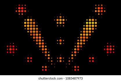 Dotted fireworks explosion icon. Bright pictogram in hot color tones on a black background. Vector halftone collage of fireworks explosion pictogram formed with circle pixels.