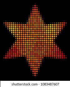 Dotted fireworks star icon. Bright pictogram in fire color tints on a black background. Vector halftone collage of fireworks star icon formed with round elements.