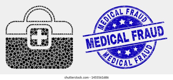 Dotted first-aid case mosaic icon and Medical Fraud seal stamp. Blue vector round scratched seal with Medical Fraud text. Vector collage in flat style.