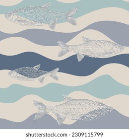 Dotted fish on blue wave shape background. Vector illustration.