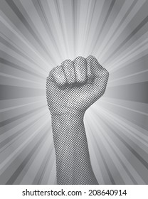 Dotted fist with a burst vector background.