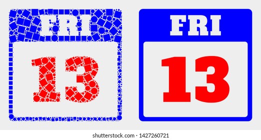 Dotted and flat 13th Friday calendar page icons. Vector mosaic of 13th Friday calendar page designed of random small rectangles and circle points.