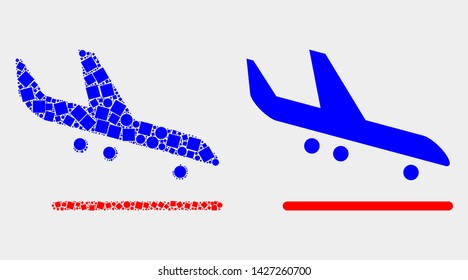 Dotted and flat airplane arrival icons. Vector mosaic of airplane arrival formed of scattered rectangle elements and round elements.