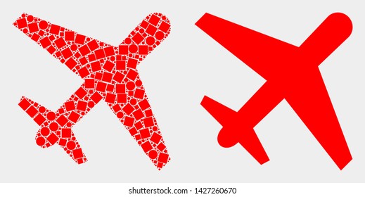 Dotted and flat airplane icons. Vector mosaic of airplane organized of irregular square dots and spheric dots.