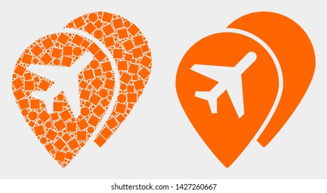 Dotted and flat airport map markers icons. Vector mosaic of airport map markers created of irregular dots and spheric items.