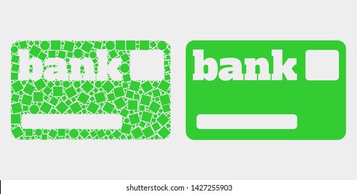 Dotted and flat bank card icons. Vector mosaic of bank card composed of random square pixels and round pixels.