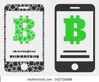 Dotted and flat bitcoin mobile account icons. Vector mosaic of bitcoin mobile account combined of random dots and circle pixels.