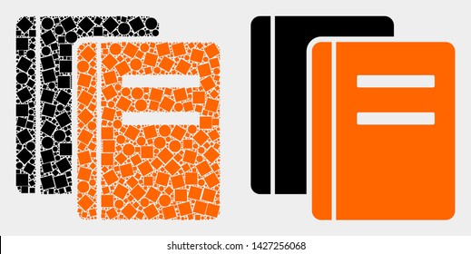 Dotted and flat books icons. Vector mosaic of books constructed of irregular square pixels and round dots.