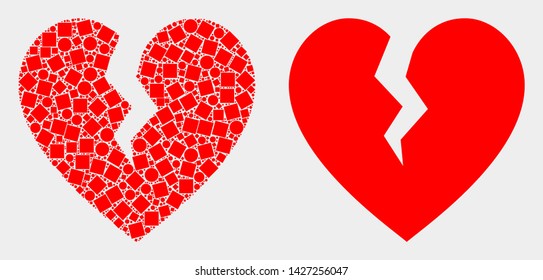 Dotted and flat broken heart icons. Vector mosaic of broken heart designed of irregular small rectangles and round pixels.