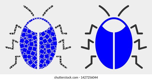 Dotted and flat bug icons. Vector mosaic of bug organized of random square elements and spheric pixels.
