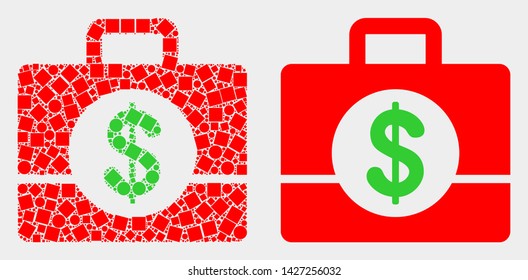 Dotted and flat business case icons. Vector mosaic of business case constructed of randomized rectangle elements and round elements.