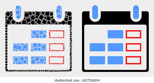 Dotted and flat calendar page icons. Vector mosaic of calendar page combined of random rectangle elements and circle elements.