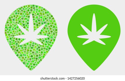 Dotted and flat cannabis map marker icons. Vector mosaic of cannabis map marker constructed of irregular dots and round dots.