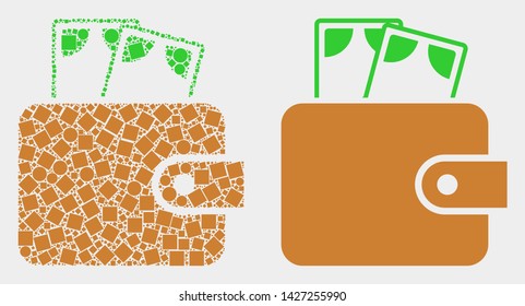 Dotted and flat cash purse icons. Vector mosaic of cash purse combined of randomized rectangle elements and round dots.