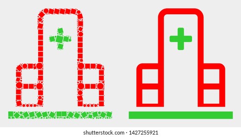 Dotted and flat clinic building icons. Vector mosaic of clinic building designed of scattered square pixels and spheric pixels.
