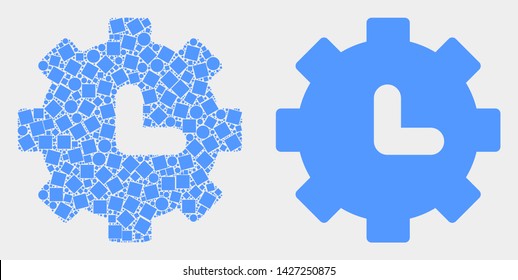 Dotted and flat clock settings icons. Vector mosaic of clock settings composed of irregular small rectangles and circle dots.
