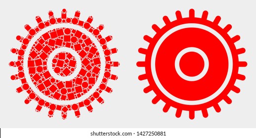 Dotted and flat cog icons. Vector mosaic of cog organized with random square dots and circle dots.