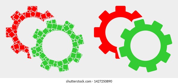Dotted and flat cogs icons. Vector mosaic of cogs constructed of scattered small rectangles and round dots.