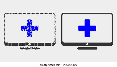 Dotted and flat computer medicine icons. Vector mosaic of computer medicine formed of irregular square pixels and spheric pixels.
