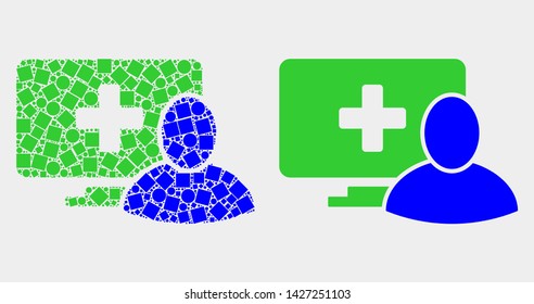 Dotted and flat computer patient icons. Vector mosaic of computer patient composed of scattered square pixels and spheric pixels.