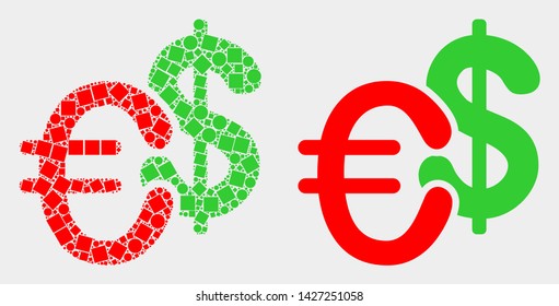 Dotted and flat currency icons. Vector mosaic of currency designed of randomized small squares and circle dots.