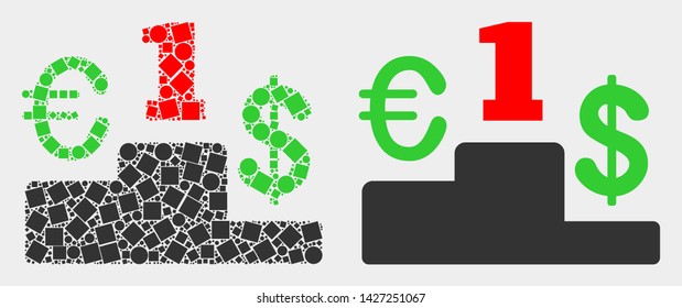 Dotted and flat currency pedestal icons. Vector mosaic of currency pedestal designed of random square pixels and round pixels.