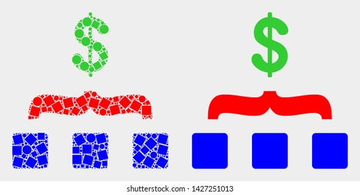 Dotted and flat dollar aggregation icons. Vector mosaic of dollar aggregation organized of randomized rectangle elements and circle elements.