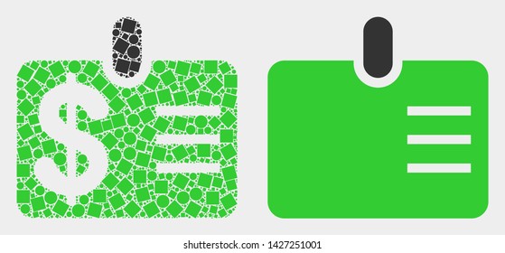 Dotted and flat dollar badge icons. Vector mosaic of dollar badge constructed of random square pixels and circle elements.