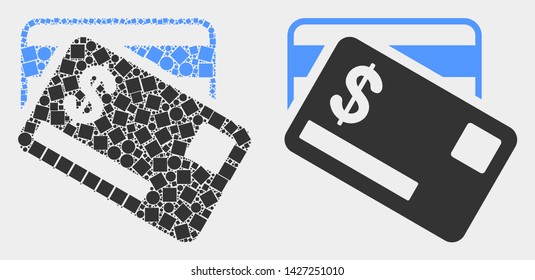 Dotted and flat dollar bank cards icons. Vector mosaic of dollar bank cards organized of irregular dots and spheric dots.
