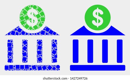 Dotted and flat dollar bank office icons. Vector mosaic of dollar bank office created of scattered square elements and spheric elements.