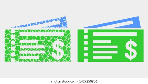 Dotted and flat dollar cheques icons. Vector mosaic of dollar cheques formed of randomized rectangle elements and circle dots.