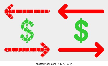 Dotted and flat dollar exchange arrows icons. Vector mosaic of dollar exchange arrows created of irregular rectangle elements and circle elements.