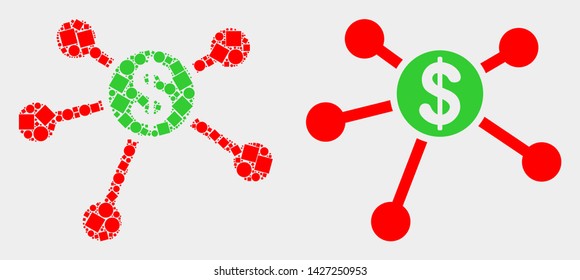 Dotted and flat dollar links icons. Vector mosaic of dollar links composed of irregular square dots and spheric dots.