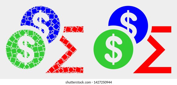 Dotted and flat dollar sum icons. Vector mosaic of dollar sum constructed of irregular small rectangles and round elements.