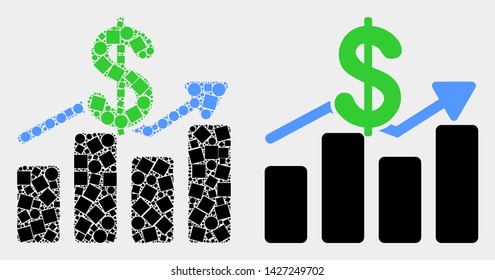 Dotted and flat dollar trends icons. Vector mosaic of dollar trends organized of random square dots and circle dots.
