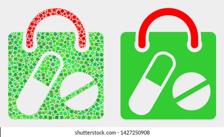 Dotted and flat drugs shopping bag icons. Vector mosaic of drugs shopping bag composed of irregular square elements and spheric elements.