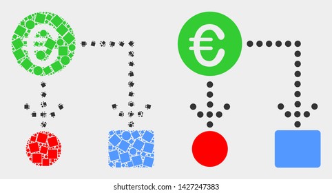 Dotted and flat euro cash flow icons. Vector mosaic of euro cash flow composed of random small rectangles and circle pixels.