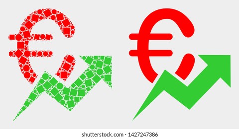 Dotted and flat euro growing trend icons. Vector mosaic of euro growing trend organized of random square elements and spheric elements.